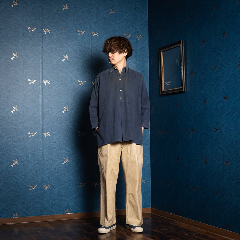 40-50s France Vintage Cotton Granpa Shirt Blue