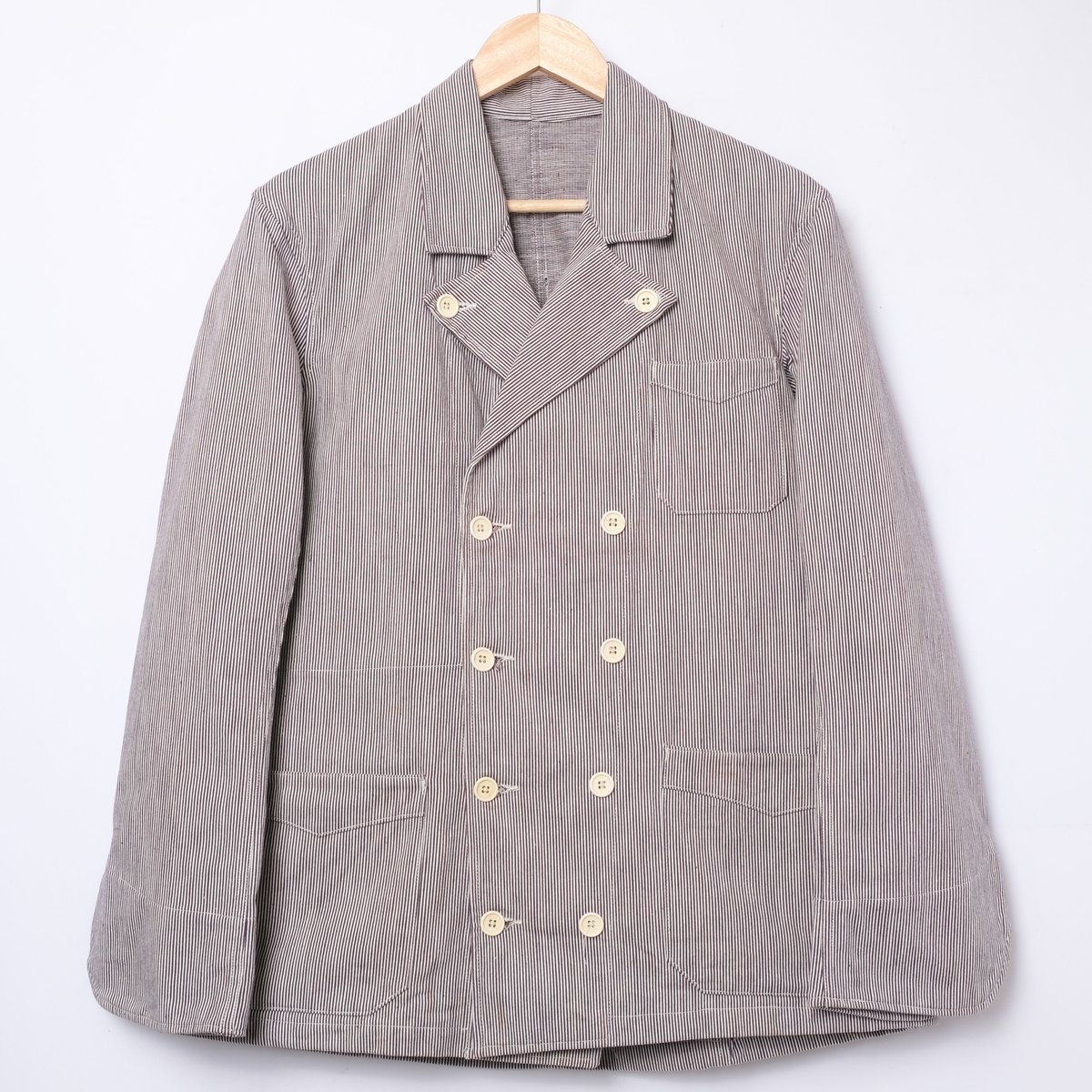 50s オウモリネル　フレンチ　コックジャケット　ダブルブレスト　Vポケット 40s-50s French Striped Butcher (Cook) Jacket D