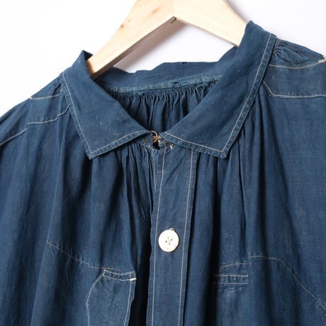 -30s France Antique Indigo linen Biaude (Fullopen)