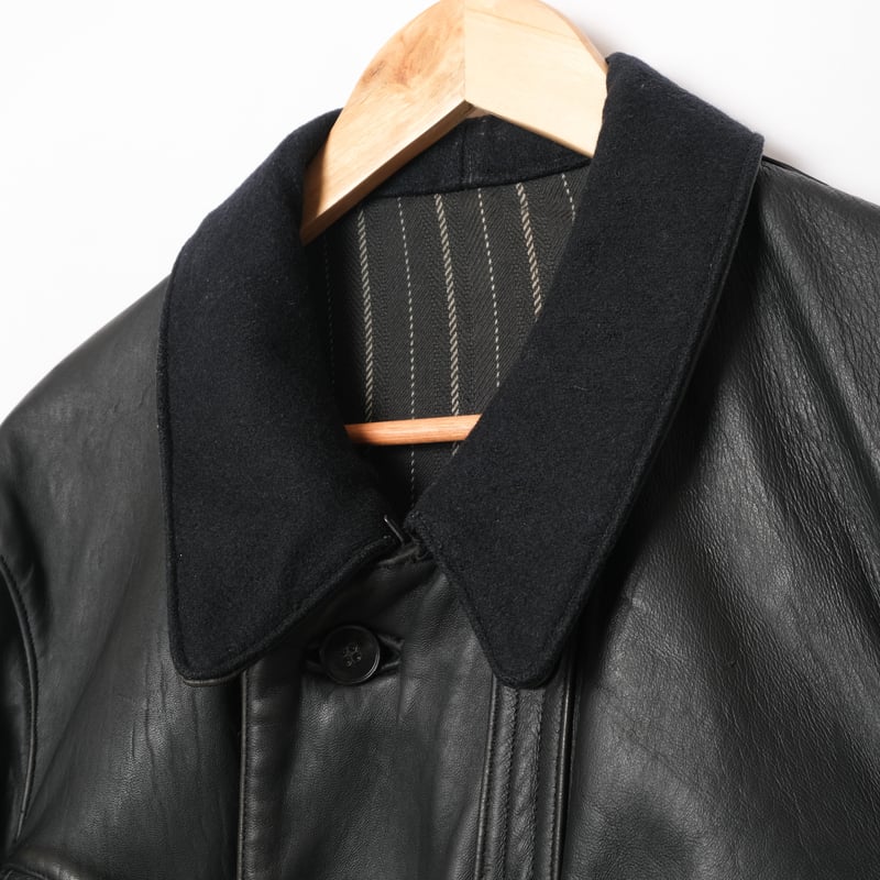 60s France Vintage Leather Jacket Wool Collar(C