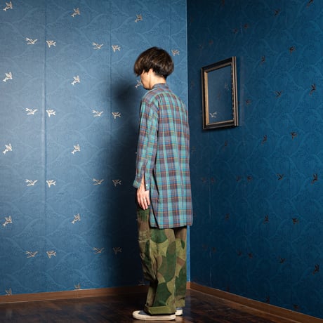 40-50s France Vintage Checked Granpa Shirt Green × Navy Stripes