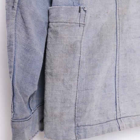 -30s France Vintage  Indigo Linen Double Breasted Work Jacket