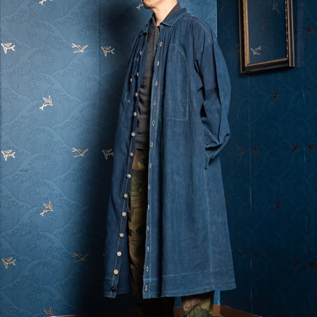 -30s France Antique Indigo linen Biaude (Fullopen)