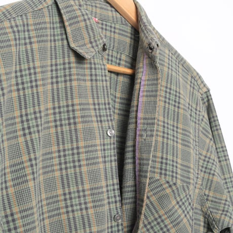 40-50s France Vintage Checked Granpa Shirt Green × Navy