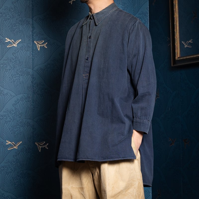 40-50s France Vintage Cotton Granpa Shirt Blue