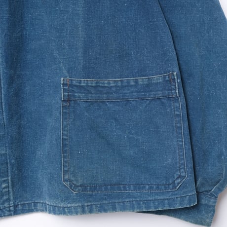 -30s France Vintage Indigo Cotton Linen Work Jacket