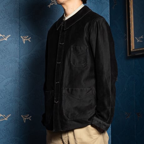 30-40s France Vintage L' Inusable Black Moleskin Work Jacket
