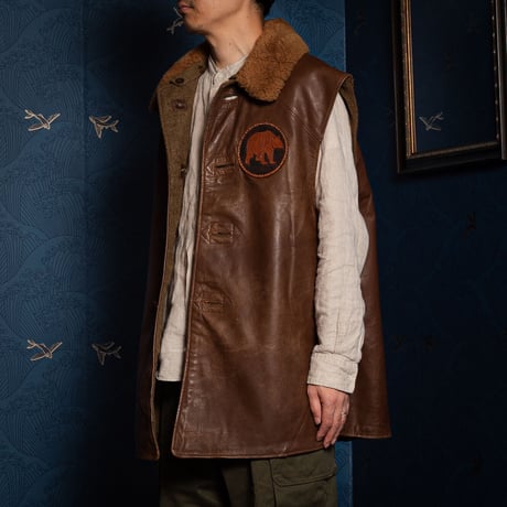 40s British Army Jerkin Leather Vest Boa Collar & Bear Patch Size 2