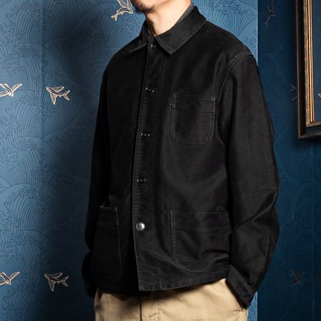 40-50s France Vintage Le Mont Sant Michel Black Moleskin Work Jacket Size 48