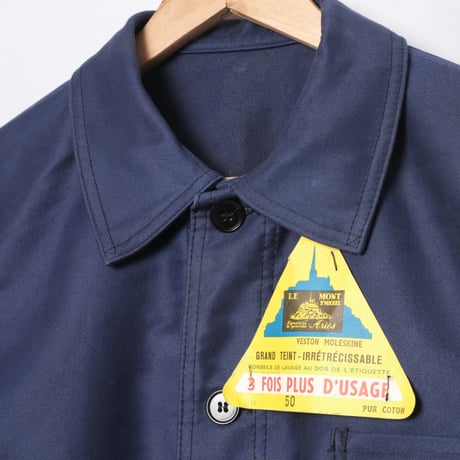 40-50s France Vintage Le Mont Saint Michel Blue Moleskin Work Jacket Dead Stock