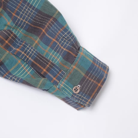 40-50s France Vintage Checked Granpa Shirt Green × Navy Stripes