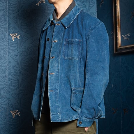 -30s France Vintage Indigo Cotton Linen Work Jacket