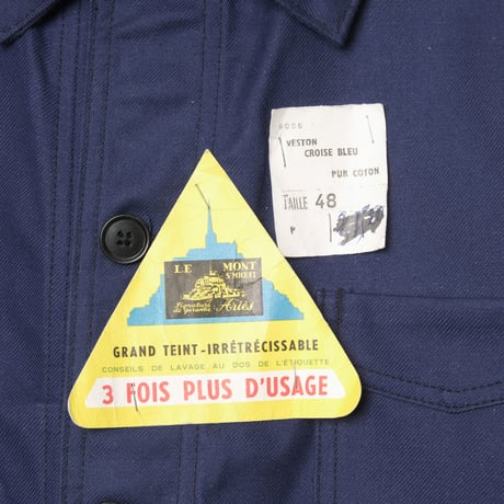 40s France Vintage Le Mont Sant Michel Blue Cotton Twill Work Jacket Dead Stock