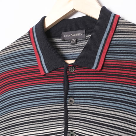 00s- JOHN SMEDLEY Merino Wool Knit Polo Shirt Navy（Made in England）