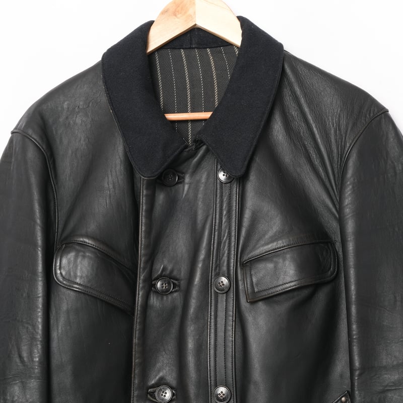 60s France Vintage Leather Jacket Wool Collar(C