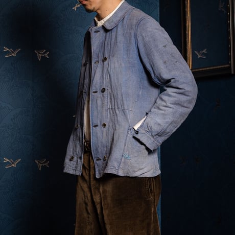 -30s France Vintage  Indigo Linen Double Breasted Work Jacket
