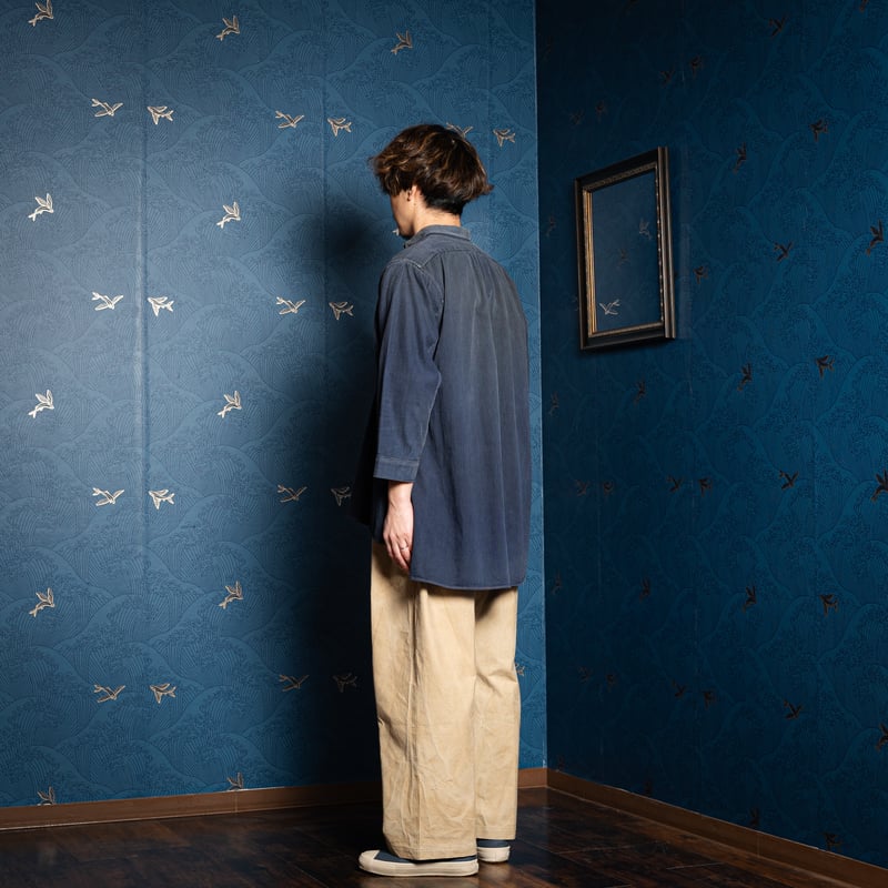 40-50s France Vintage Cotton Granpa Shirt Blue