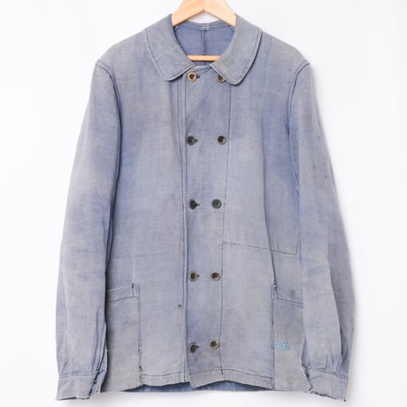 -30s France Vintage  Indigo Linen Double Breasted Work Jacket
