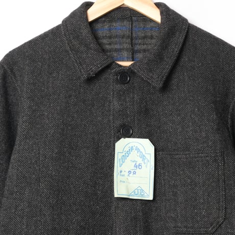 50-60s France Vintage LOiSiR SPORT Herringbone Wool Farmers Work Jacket Size 46 Dead Stock