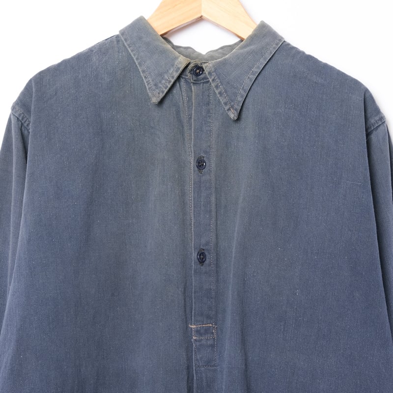 40-50s France Vintage Cotton Granpa Shirt Blue