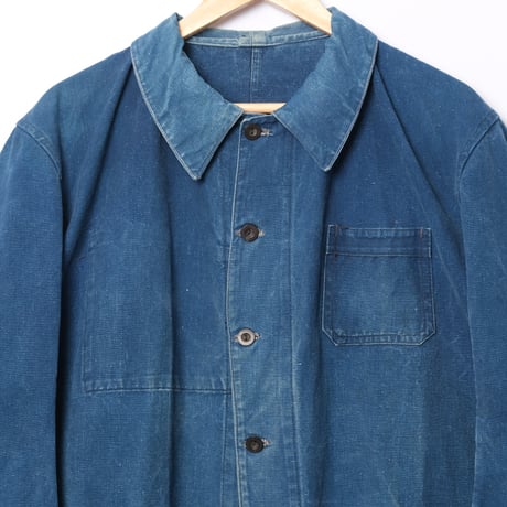 -30s France Vintage Indigo Cotton Linen Work Jacket