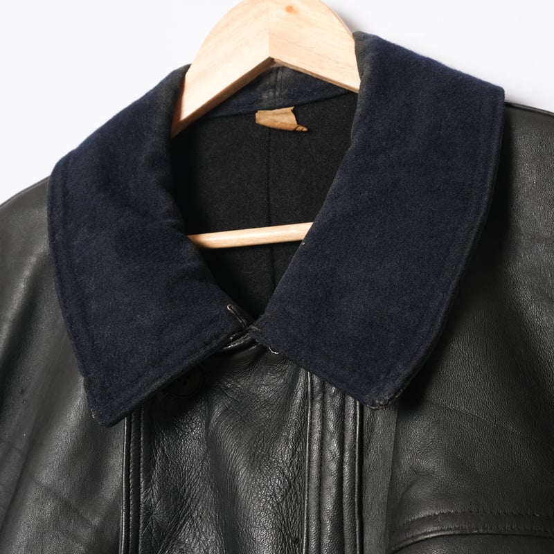 50s-60s France Vintage Leather Jacket Wool Coll