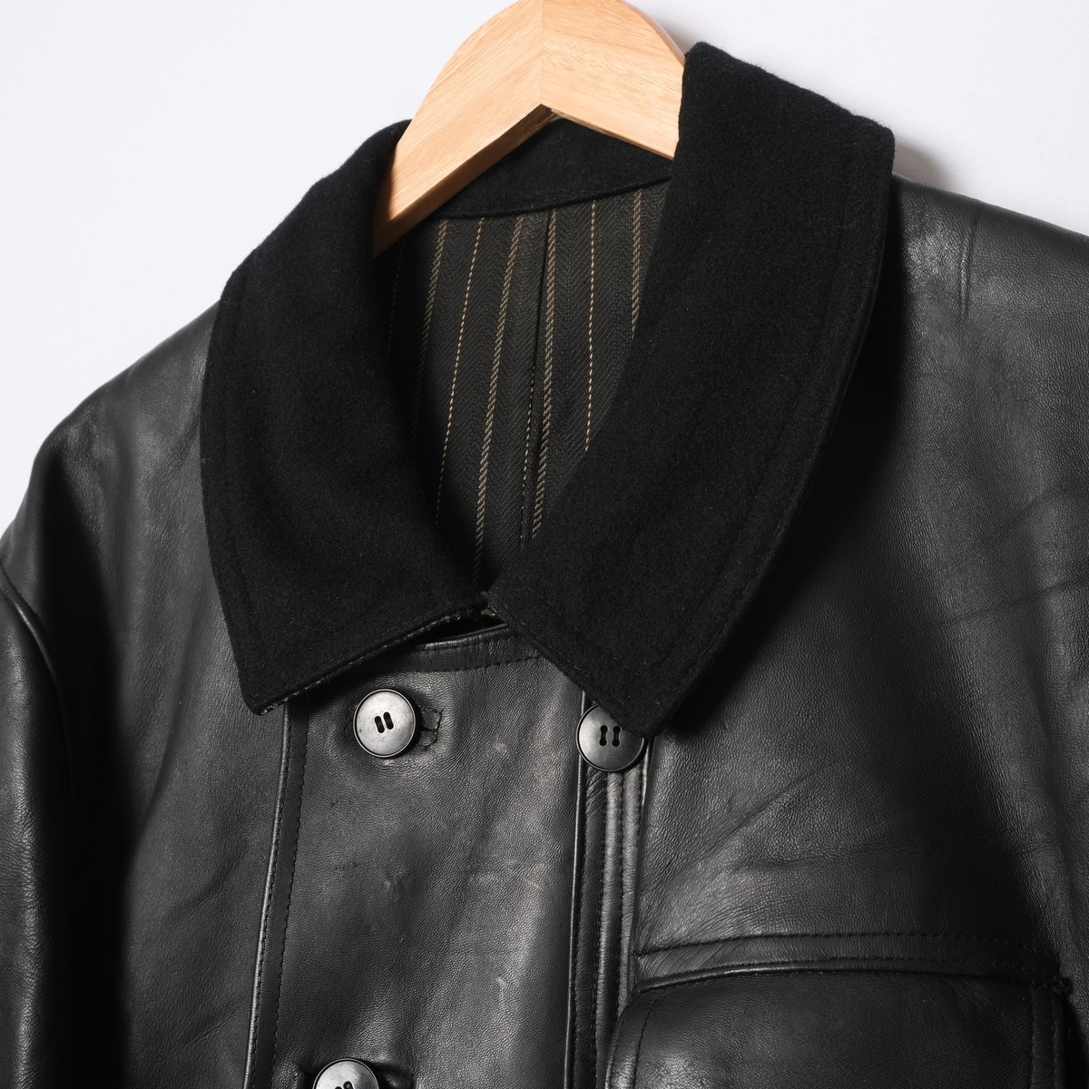 40s-50s France Vintage Leather Jacket Wool Coll...