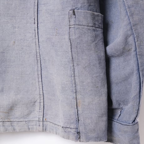 -30s France Vintage  Indigo Linen Double Breasted Work Jacket