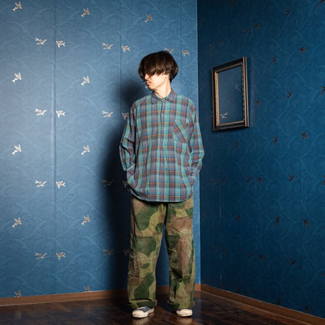 40-50s France Vintage Checked Granpa Shirt Green × Navy Stripes