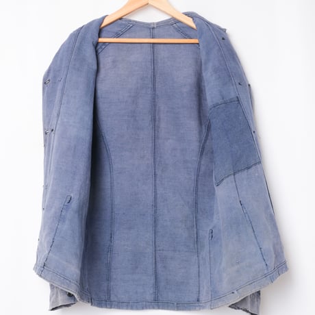 -30s France Vintage  Indigo Linen Double Breasted Work Jacket