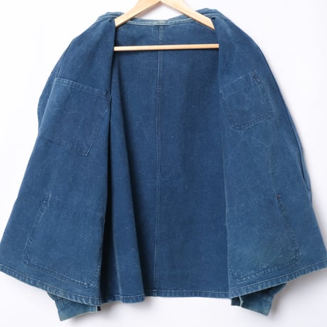 -30s France Vintage Indigo Cotton Linen Work Jacket