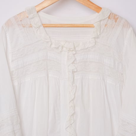 〜1930s French Antique Cotton Lace Short Sleeve Night Dress  1
