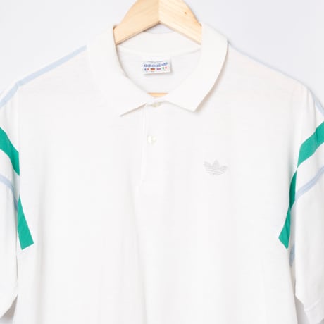 80s Vintage adidas Ventex Short Sleeve Polo Shirt White × Light Blue Green Line（Made in France）