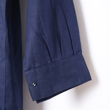 40-50s France Vintage Cotton Linen Blue Granpa Shirts Dead Stock 1
