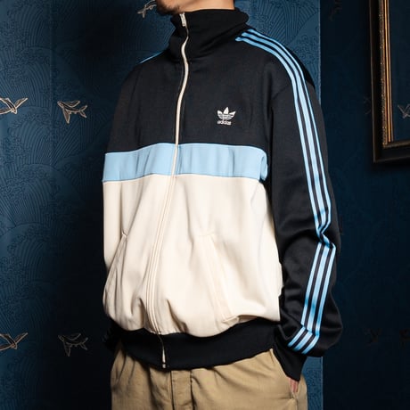 70-80s Vintage adidas Track Jacket Ivory × Black × Light Blue (Made in France)