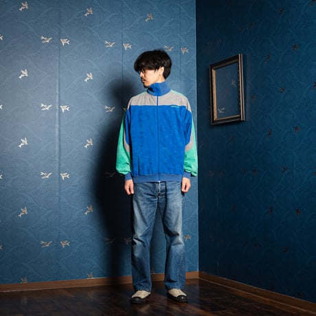 80s Vintage adidas Ventex Velours Track Jacket Blue × Light Green × Gray (Made in France)