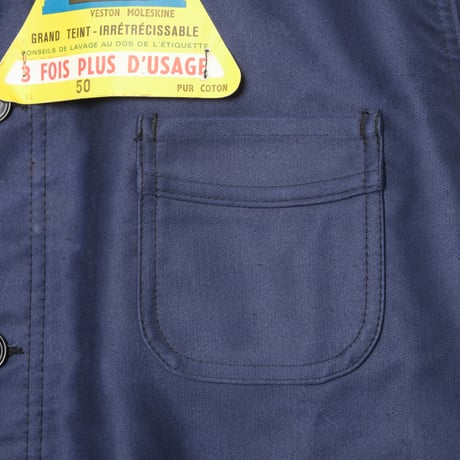 40-50s France Vintage Le Mont Saint Michel Blue Moleskin Work Jacket Dead Stock