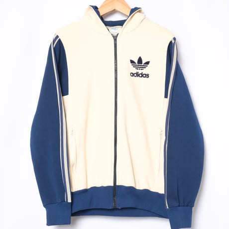 70-80s Vintage adidas Ventex Hoodie Ivory × Navy (Made in France)