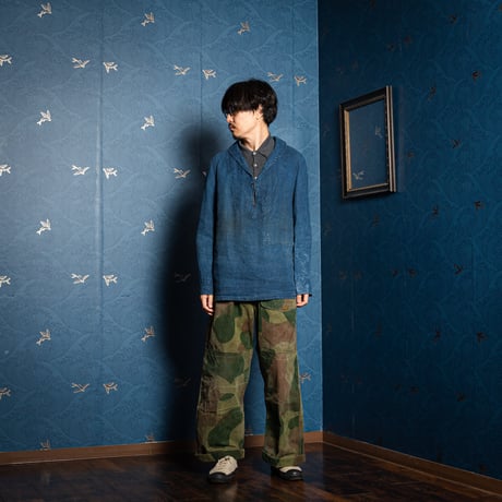 30s Marine Nationales Shawl Collar Indigo Linen Smock