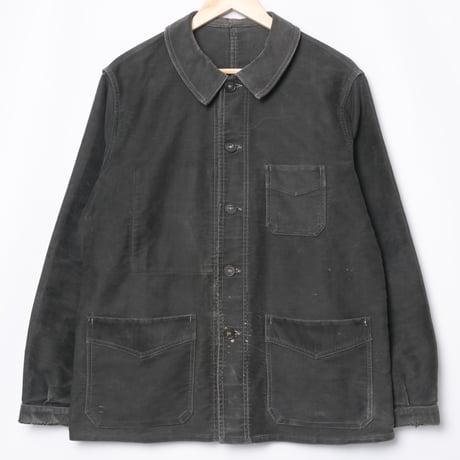 40s France Vintage Le Mont Saint Michel Black Moleskin Work Jacket