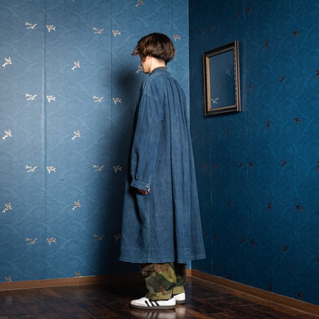 -30s France Antique Indigo linen Biaude (Fullopen)