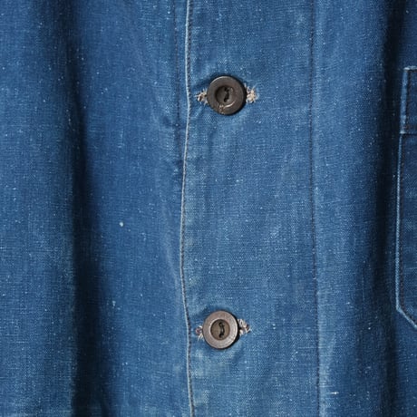 -30s France Vintage Indigo Cotton Linen Work Jacket
