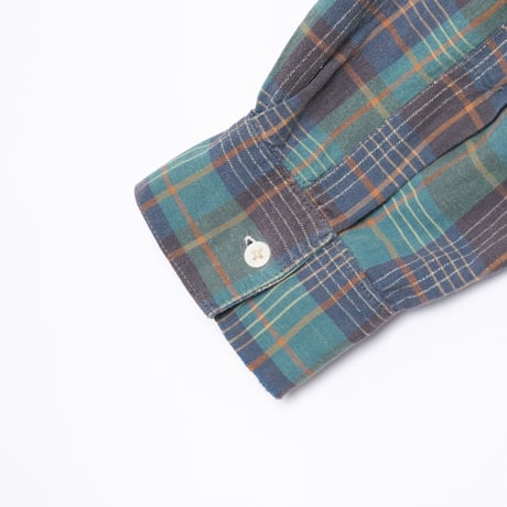 40-50s France Vintage Checked Granpa Shirt Green × Navy Stripes