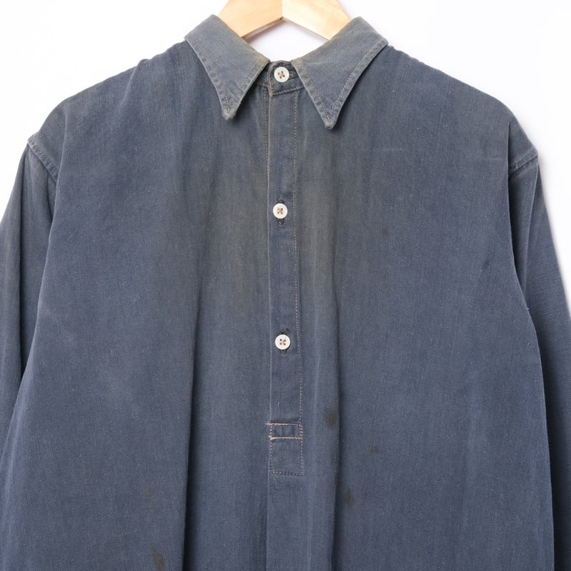 40-50s France Vintage Cotton Granpa Shirt Blue 