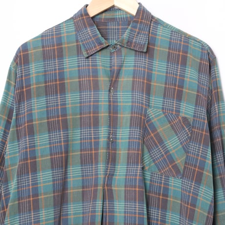 40-50s France Vintage Checked Granpa Shirt Green × Navy Stripes