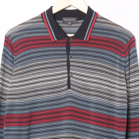 00s- JOHN SMEDLEY Merino Wool Knit Polo Shirt Navy（Made in England）