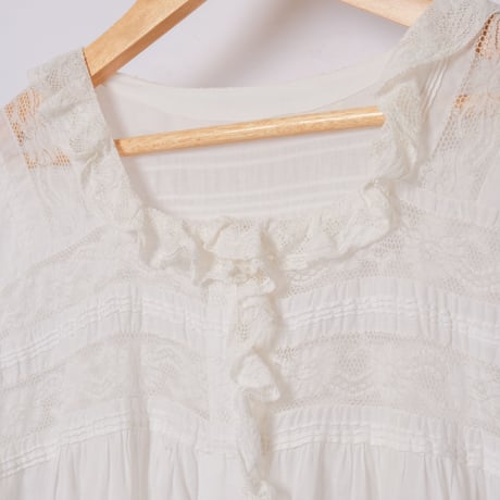 〜1930s French Antique Cotton Lace Short Sleeve Night Dress  1