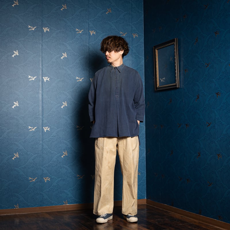 40-50s France Vintage Cotton Granpa Shirt Blue
