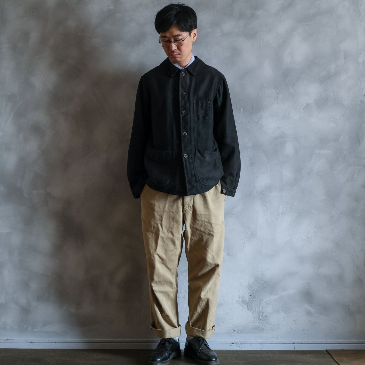 30s-40s Le Durable Black Moleskin Jacket Wood 30s-40s Le Durable Black Moleskin Jacket Wood