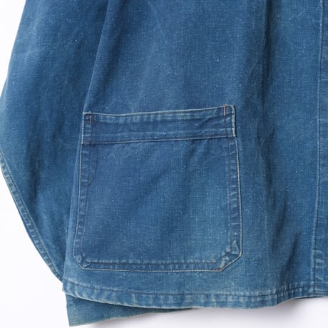 -30s France Vintage Indigo Cotton Linen Work Jacket